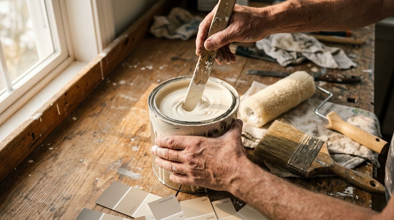Schilder mengt verf in een emmer op een werkbank, verfrollers en schaarbanden staan ernaast, zonlicht valt naar binnen door een raam