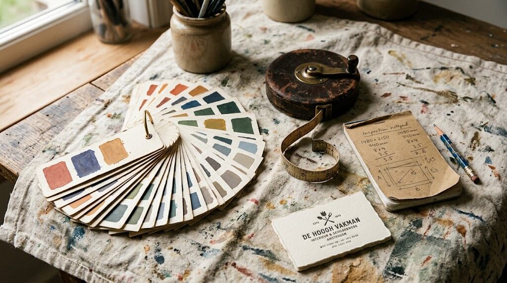 Verfstalen en kleurenwaaier op een werkblad van een schilder