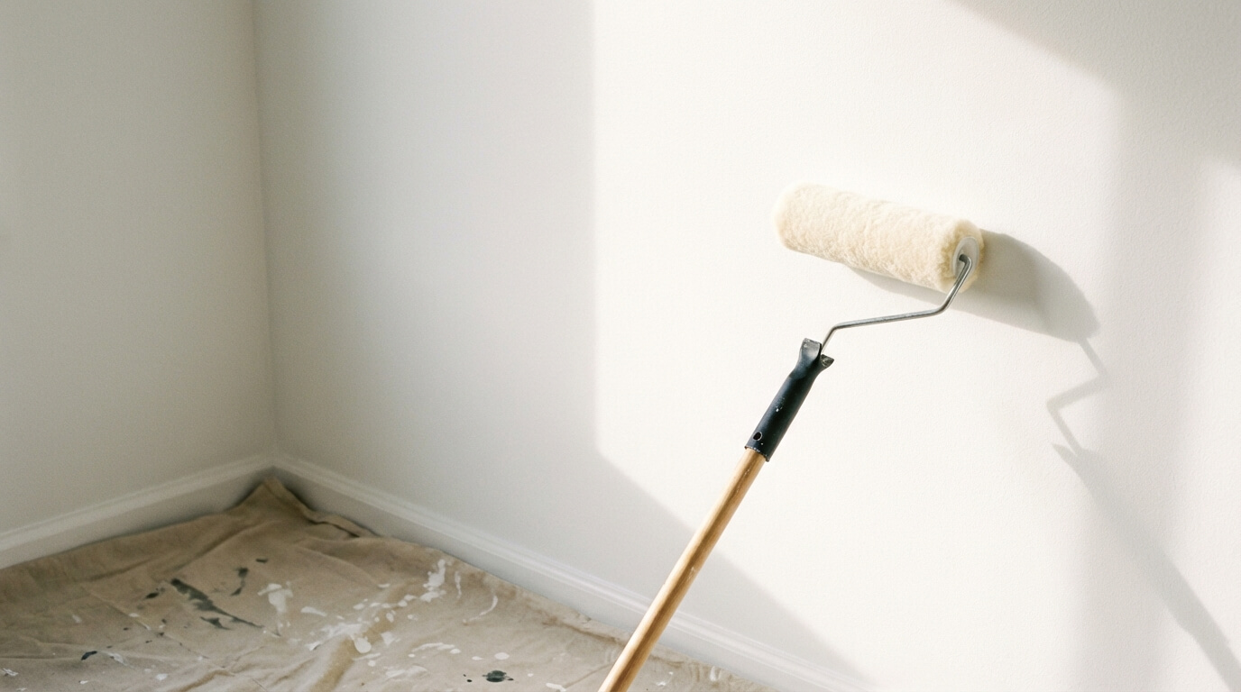 Vers geschilderde witte muur met verfroller en afdekzeil