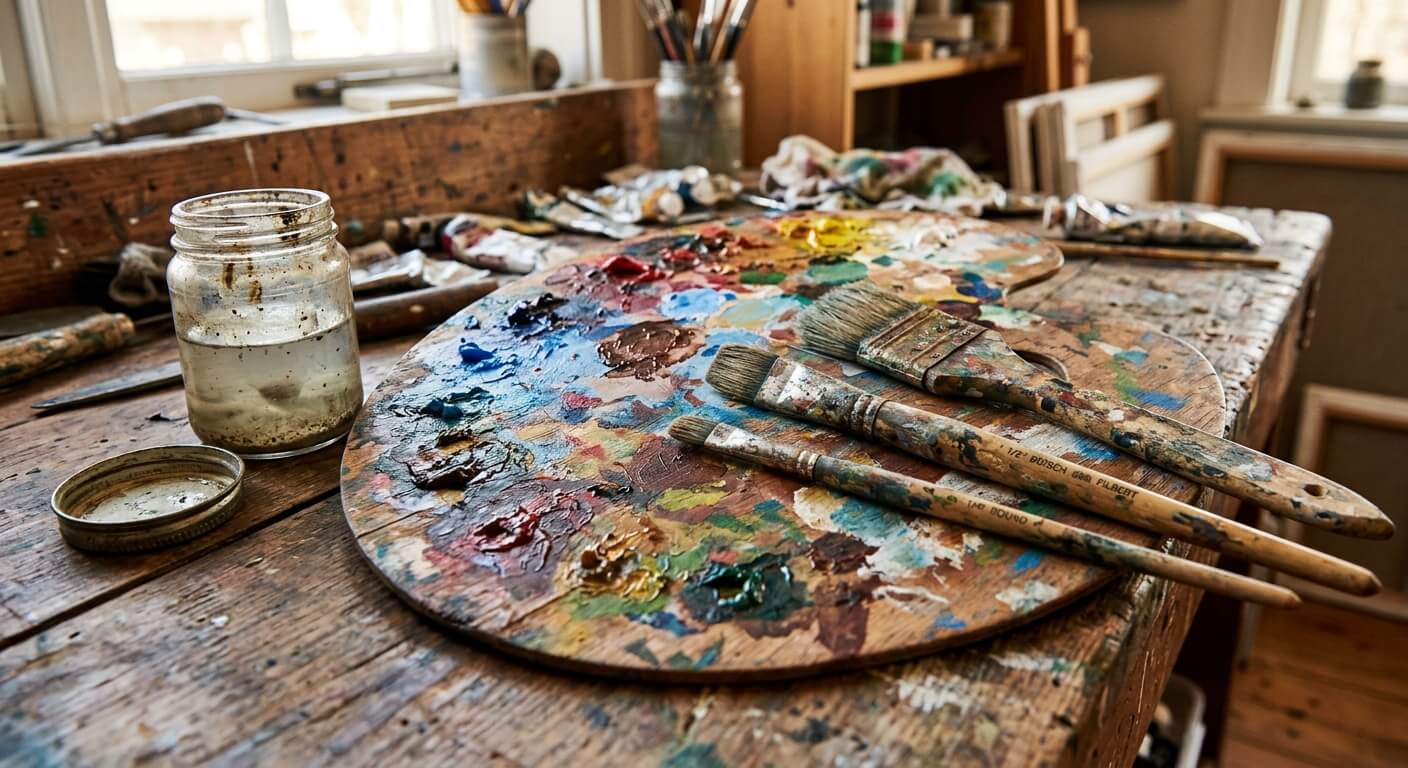 Verfblikken en kwasten op een werkbank in een Nederlandse schilderswerkplaats