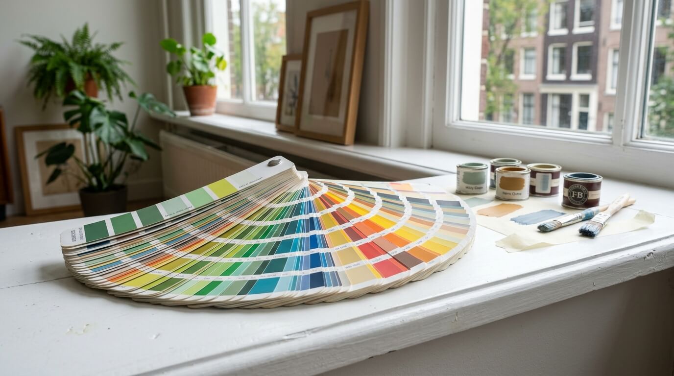 Kleurenwaaier op een wit geschilderde vensterbank