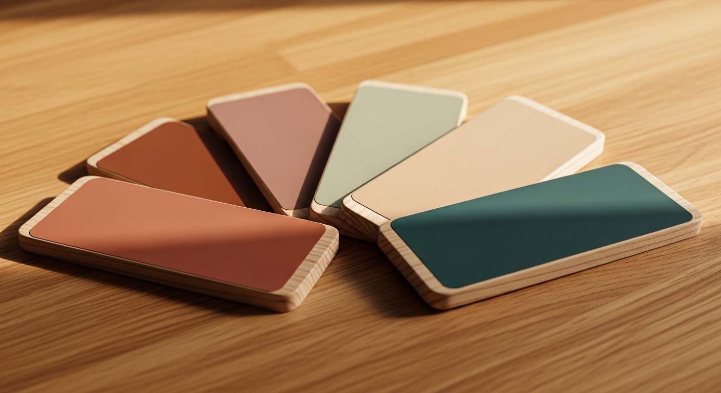 Verfstalen en kleurenkaarten op een tafel