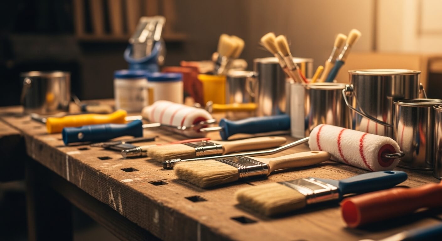 Professioneel schildersgereedschap op een werkbank met verfblikken en kwasten