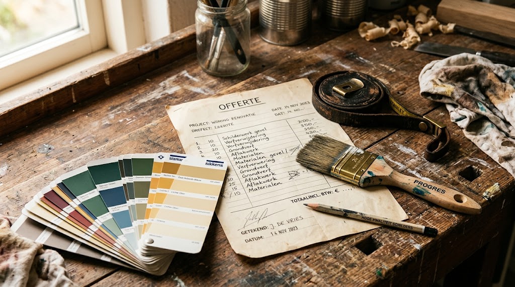 Verfstalen en kleurenwaaier op een schilderswerkblad