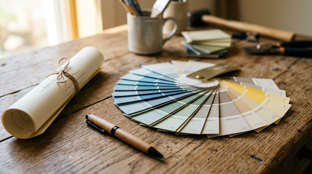 Schilder offertemap en verfstalen op een werkbank