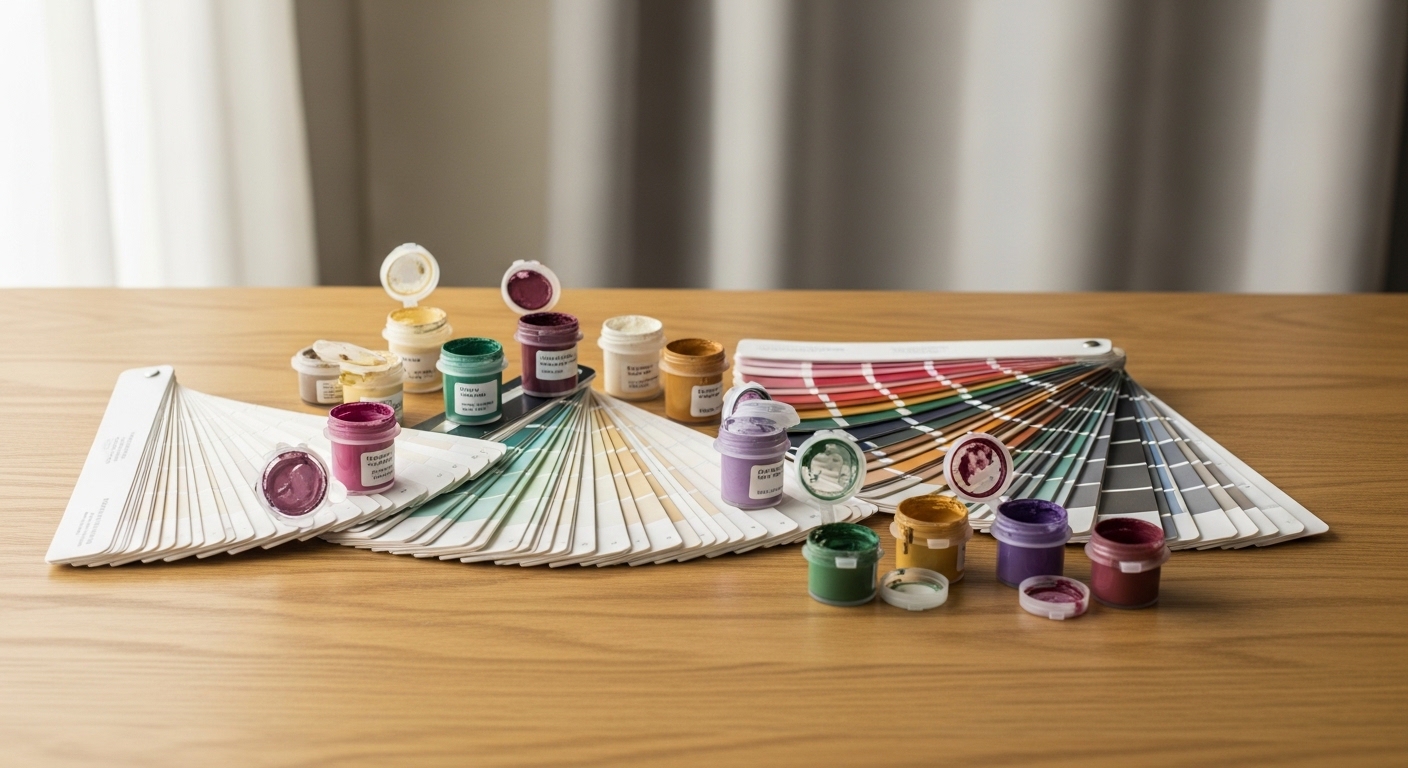 Verfblikken en kwasten op een dropcloth in een Nederlandse woning