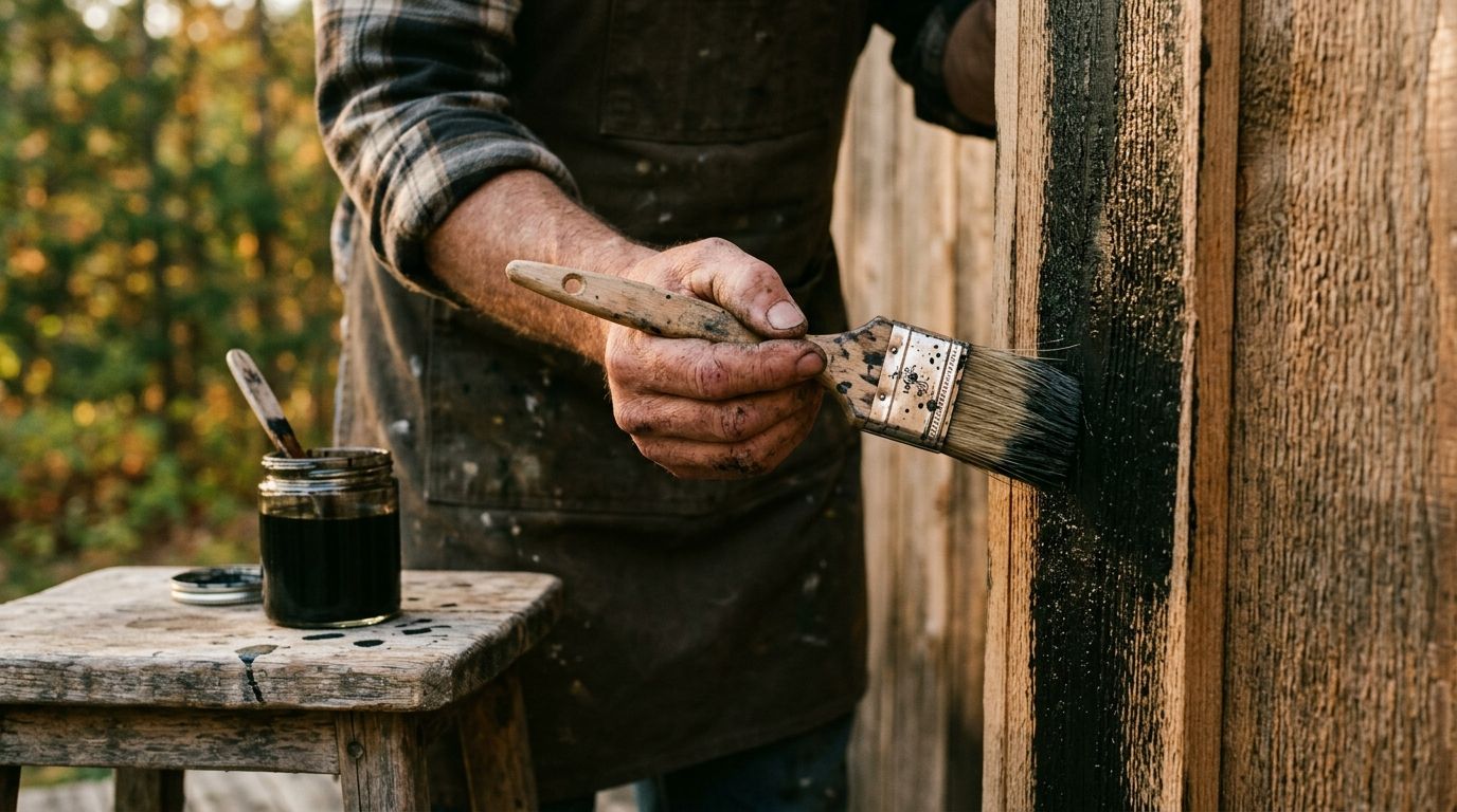 Schilder met kwast werkt aan houten gevelplank in warm zonlicht