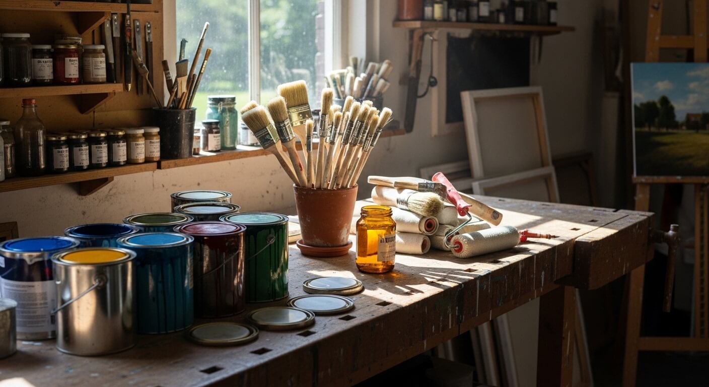 Verfblikken en kwasten op een werkbank met warme werkplaatsverlichting