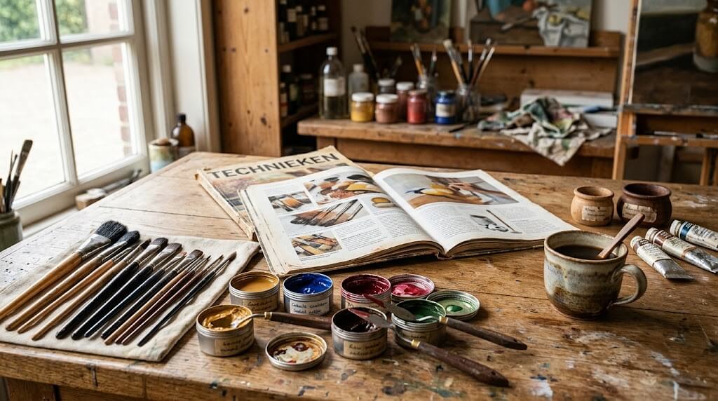 Penselen en verfblikken op een schilderswerkblad met kleurstalen